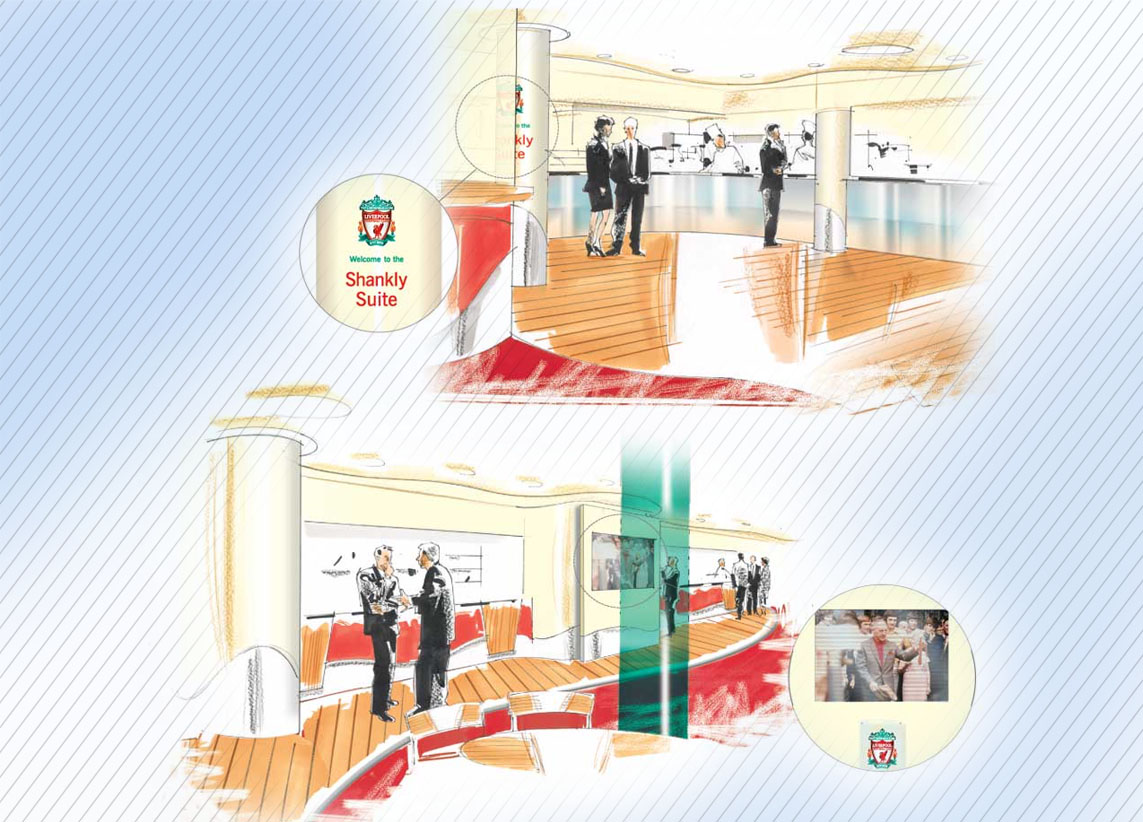 Liverpool FC Shankly and Paisley lounges - branding, graphics and interior designs - visuals showing pillar signage and tv screens